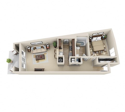Floor plan for 1 bed, 1 bath, 604 sqft